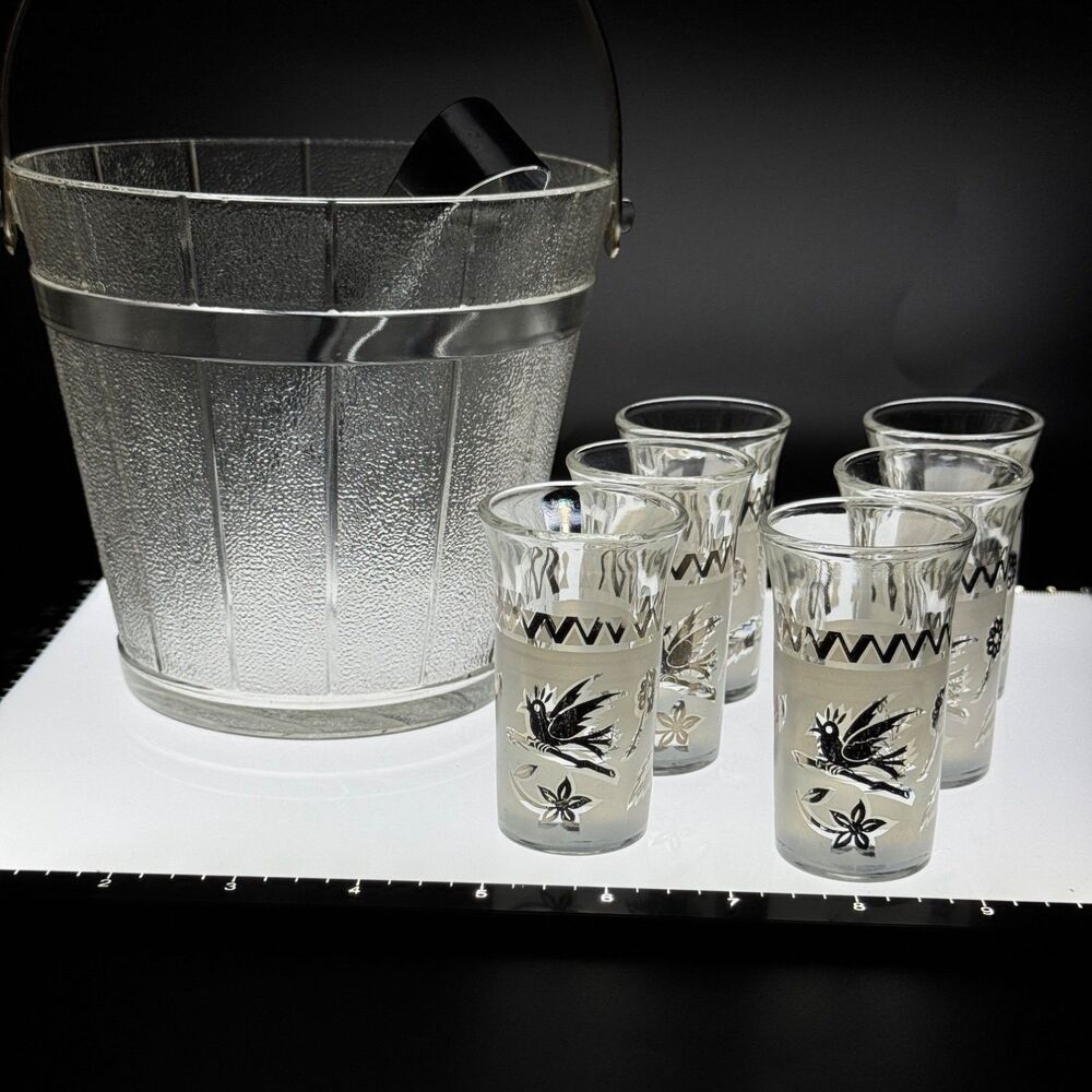 vintage barware 6 cordial glasses ice bucket tongs set perched bird flowers
